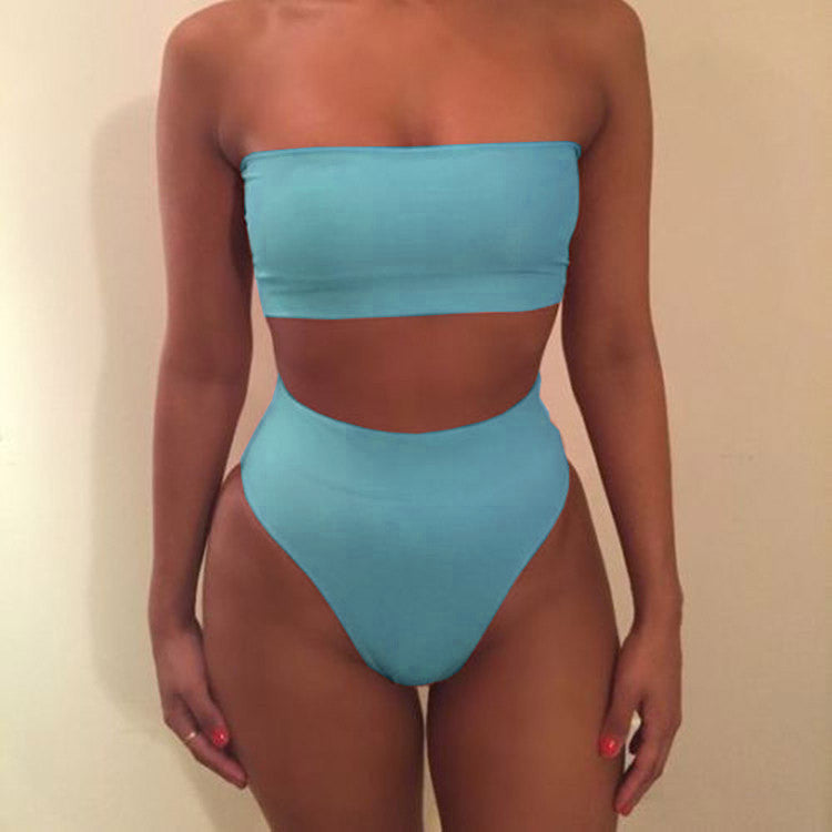 Pure Color Strapless High Waist Two Pieces Swimwear