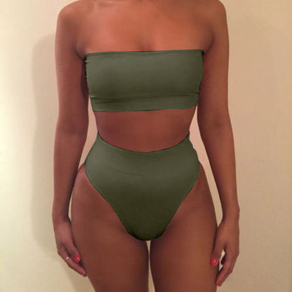 Pure Color Strapless High Waist Two Pieces Swimwear