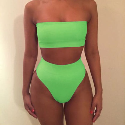 Pure Color Strapless High Waist Two Pieces Swimwear