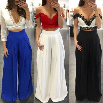 Clearance High Waist Draped Design Wide Leg Long Pants