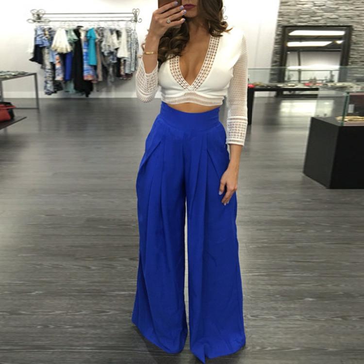 Clearance High Waist Draped Design Wide Leg Long Pants