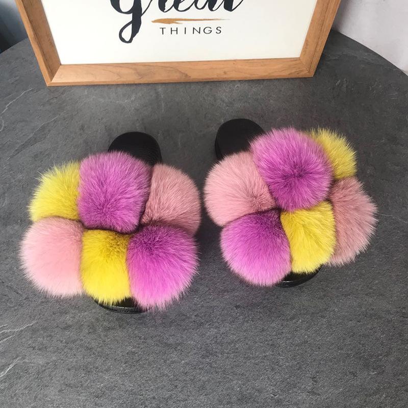 Color Matching Large Fur Real Natural Fox Fur Slides Colorful Fluffy Fur Slides Sandals Slippers Fashion Women Shoes