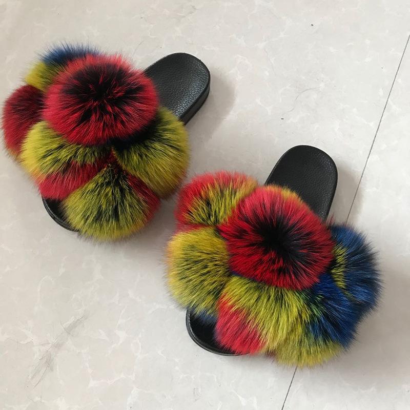 Color Matching Large Fur Real Natural Fox Fur Slides Colorful Fluffy Fur Slides Sandals Slippers Fashion Women Shoes