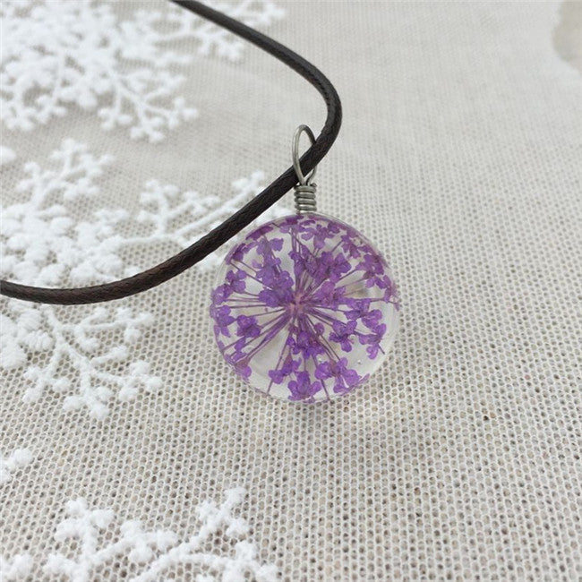 Manual Dandelion Clovers Lace Dried Flower Glass Ball Time Gem Clavicle Pendant Necklace-Homeunderwear