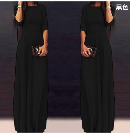 Slim Pure Color 3/4 Sleeves Pleated Long Maxi Dress