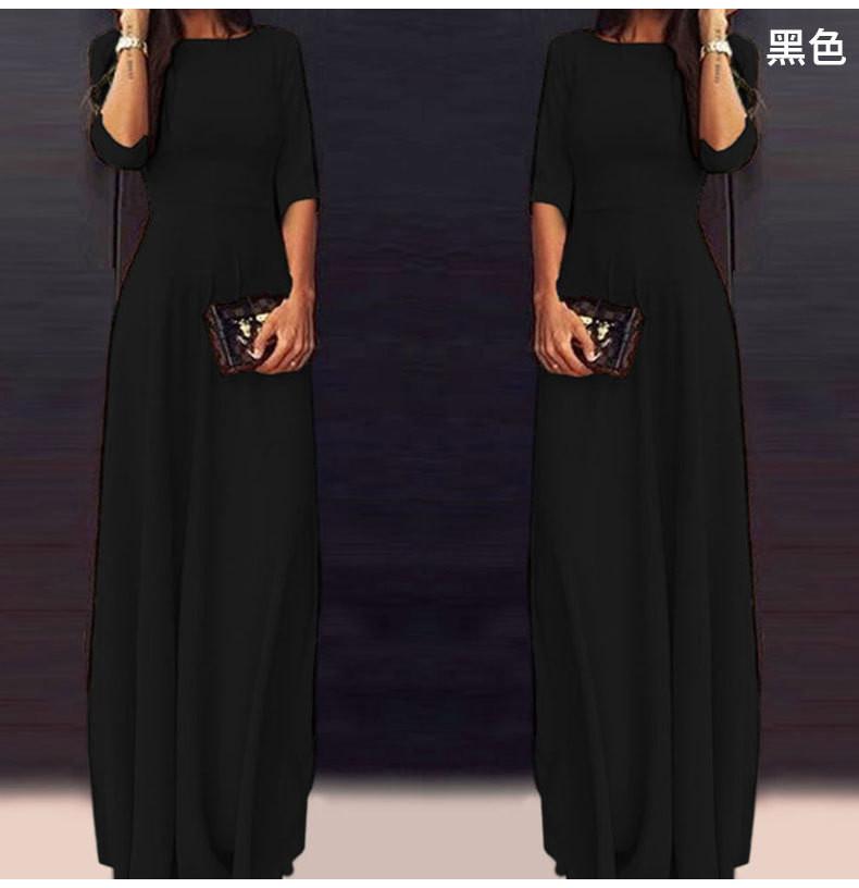 Clearance Slim Pure Color 3/4 Sleeves Pleated Long Maxi Dress
