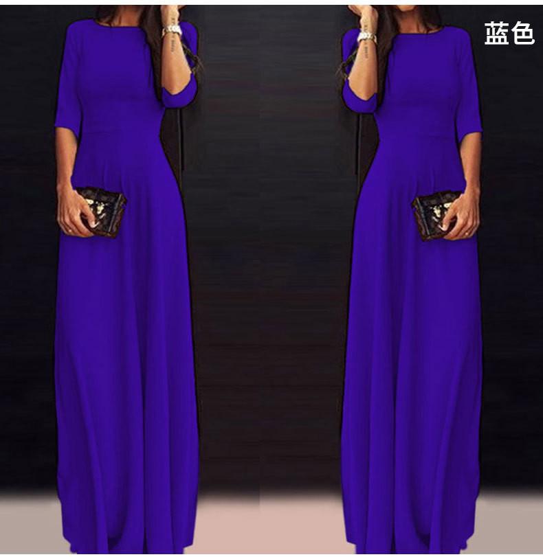 Slim Pure Color 3/4 Sleeves Pleated Long Maxi Dress