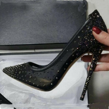 Sexy Black Mesh Rhinestone Point Toe Pumps