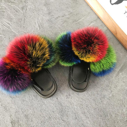 Color Matching Large Fur Real Natural Fox Fur Slides Colorful Fluffy Fur Slides Sandals Slippers Fashion Women Shoes