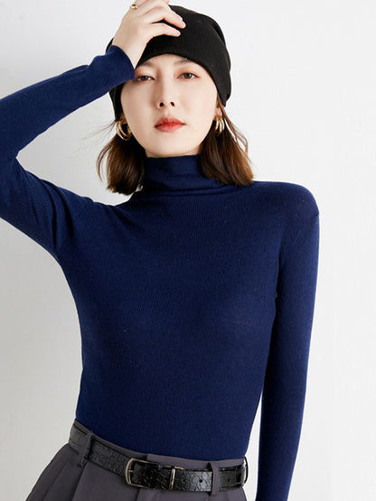 Simple Skinny Long Sleeves Solid Color High-Neck Sweater Tops Pullovers-Homeunderwear