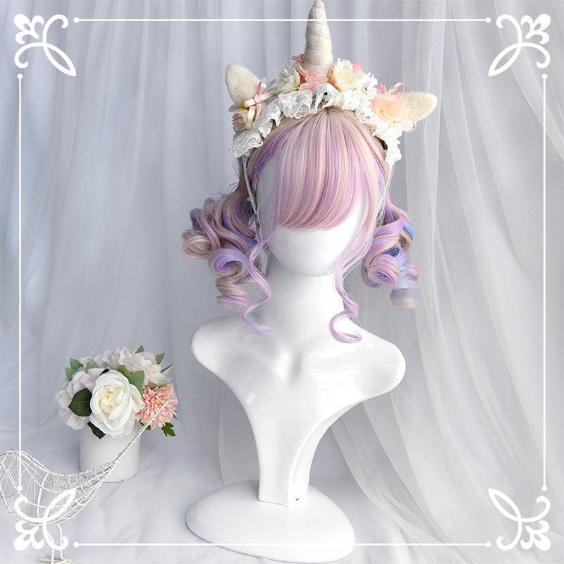 Free Shipping For Hivava Pastal Pink Rainbow Unicorn Cute Romantic Roll Short Wig