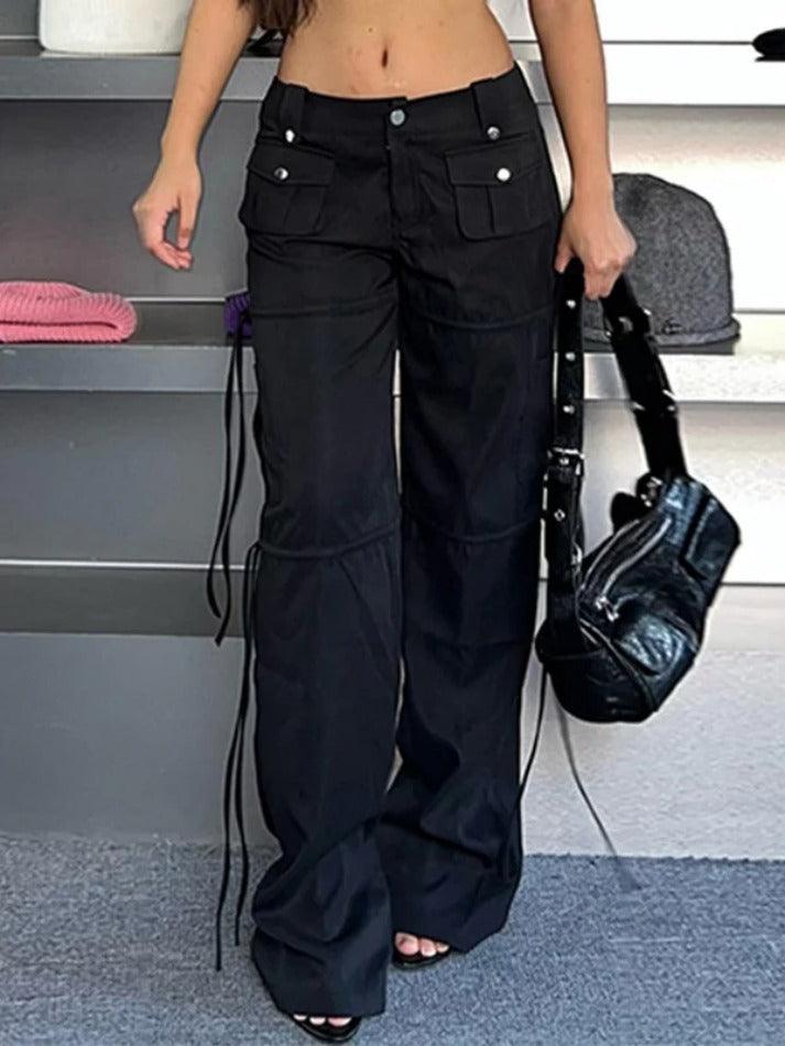 Low Waist Pocket Ribbon Splice Cargo Pants