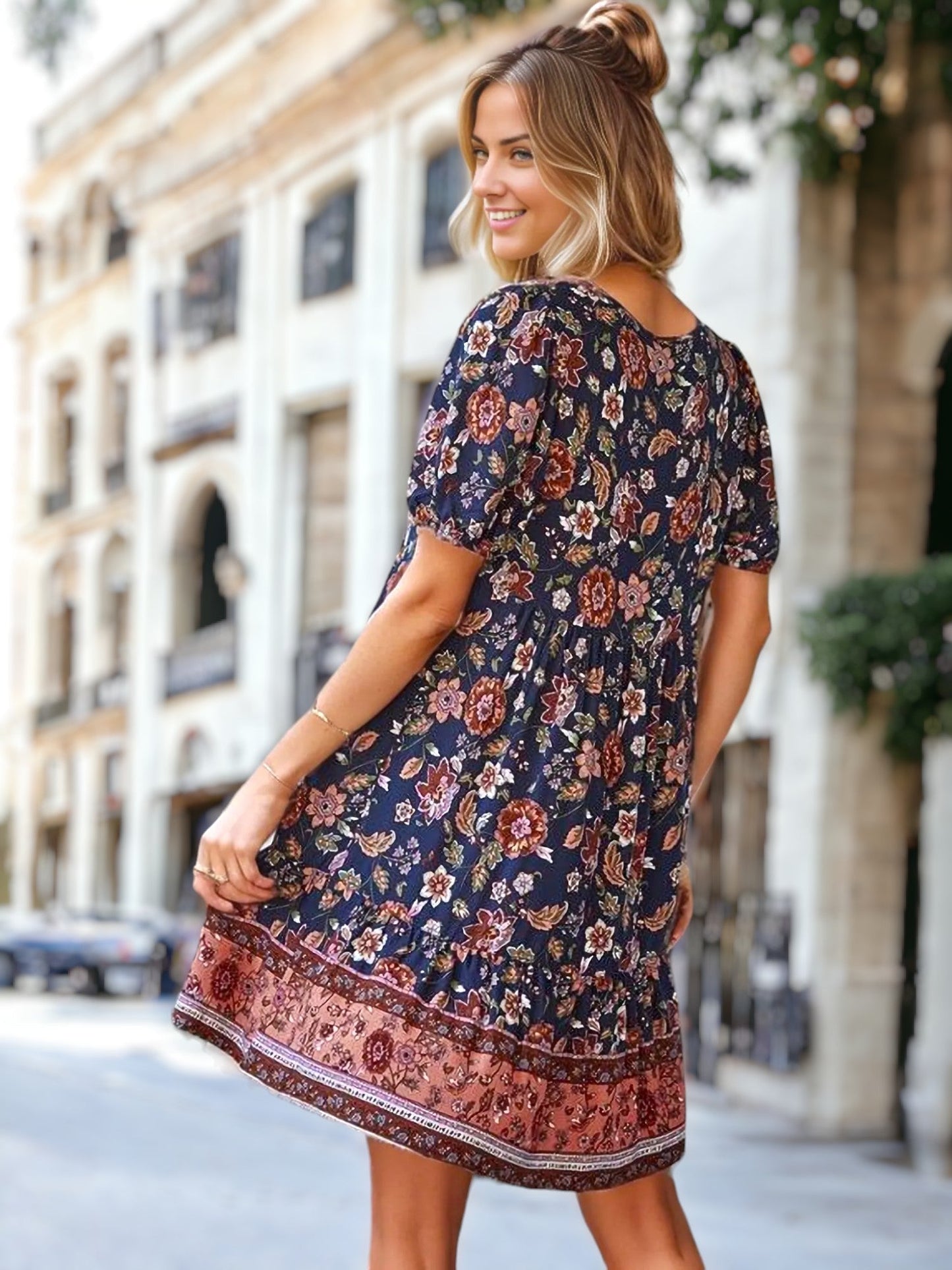 Floral Puff Sleeve Bohemian Dress