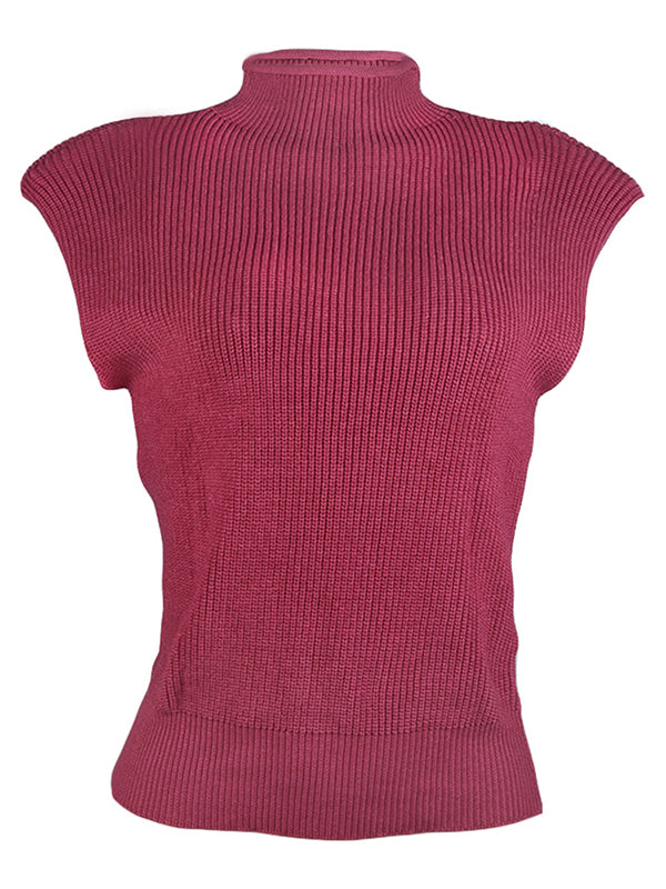 Casual Cap Sleeve Solid Color High-Neck Sweater Tops Pullovers-Homeunderwear