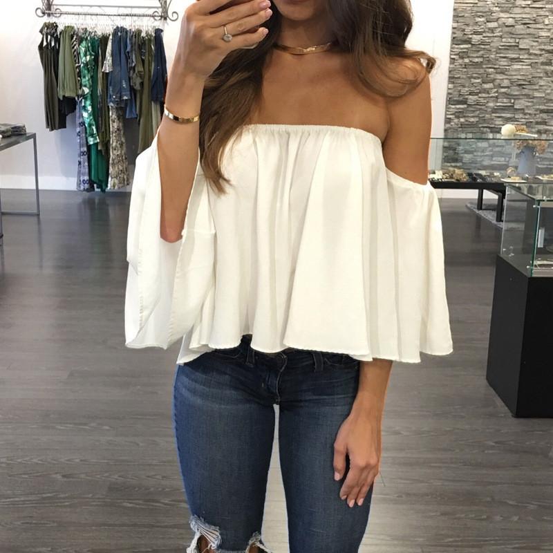 Sexy Off Shoulder Long Sleeve Chiffon Loose Blouses Larging Code