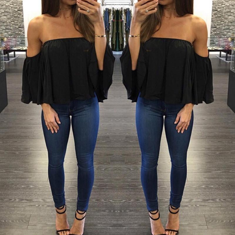 Sexy Off Shoulder Long Sleeve Chiffon Loose Blouses Larging Code