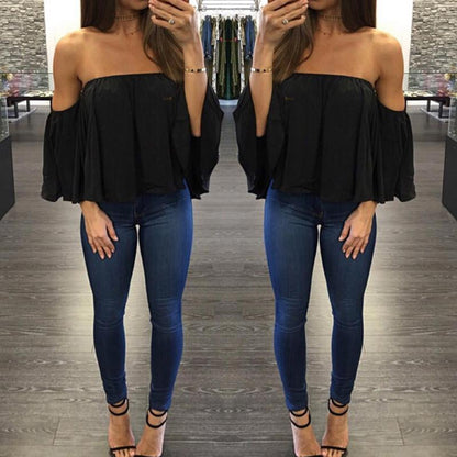 Sexy Off Shoulder Long Sleeve Chiffon Loose Blouses Larging Code
