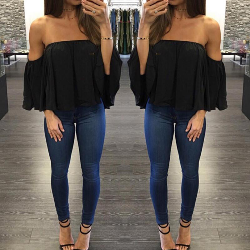 Clearence Sexy Off Shoulder Long Sleeve Chiffon Loose Blouse