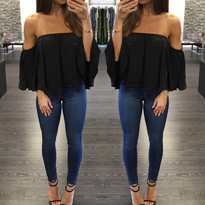 Clearence Sexy Off Shoulder Long Sleeve Chiffon Loose Blouse