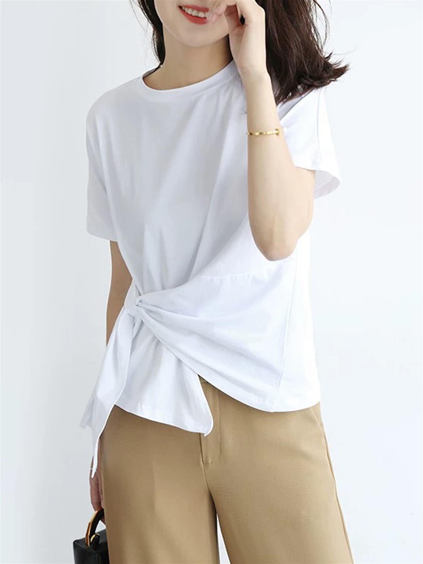 Simple Style White T Shirt With Tie Detail