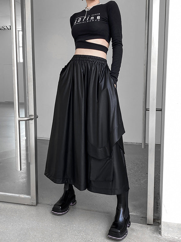 Simple Irregularity Elasticity Solid Color PU Skirts Bottoms