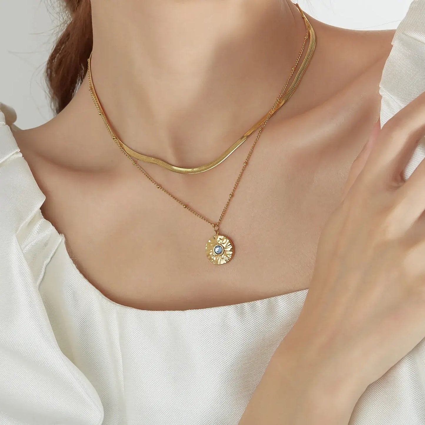 Free Shipping For Golden Gold Plated Stainless Steel Layered Necklace with Stone