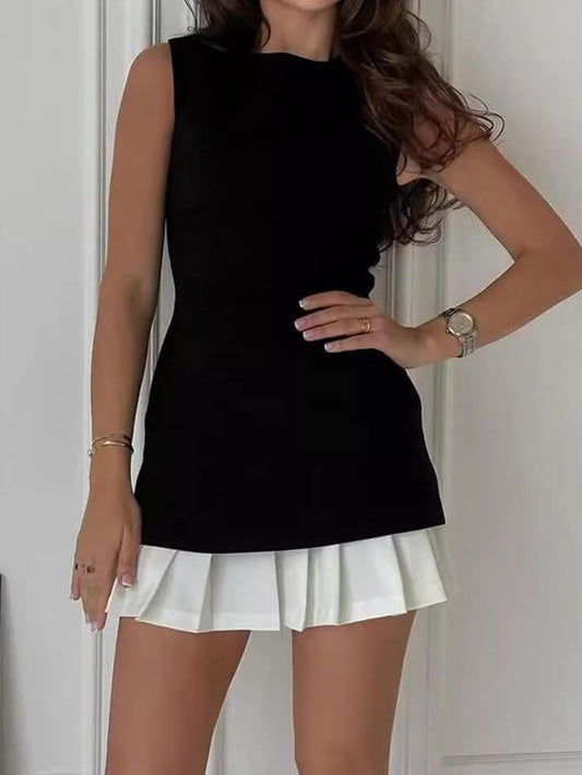 Two-Tone Sleeveless Pleated Short Dress