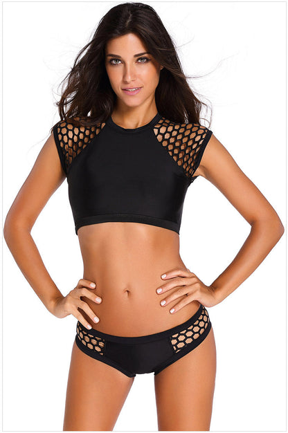 Free Shipping Clearance Hollow Patchwork Solid Two Pieces Swimwear Bikini Set