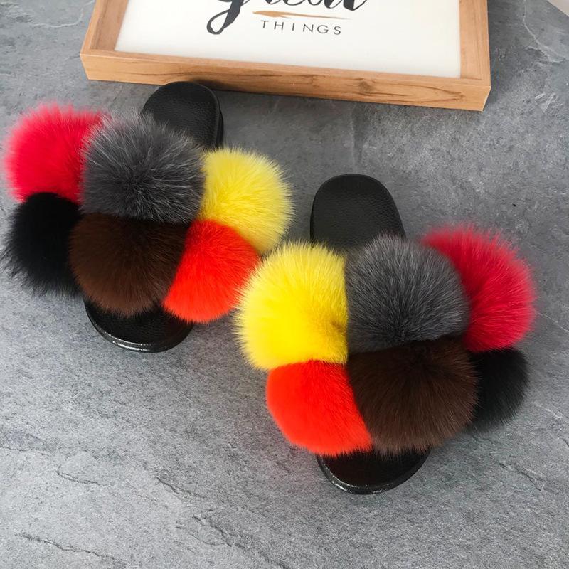 Color Matching Large Fur Real Natural Fox Fur Slides Colorful Fluffy Fur Slides Sandals Slippers Fashion Women Shoes