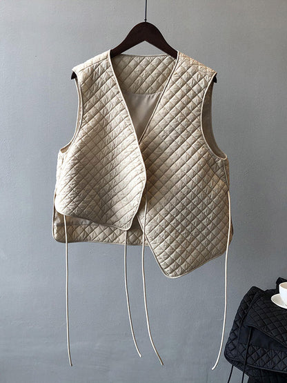 Casual Sleeveless Rhombic Quilted Lace-Up Asymmetric V-Neck Vest Top