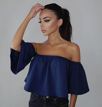 Sexy Off Shoulder Long Sleeve Chiffon Loose Blouses Larging Code