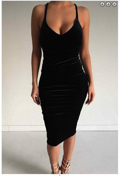 Deep V-neck Sleeveless Backless Sexy Club Bodycon Skinny Pleuche Dress