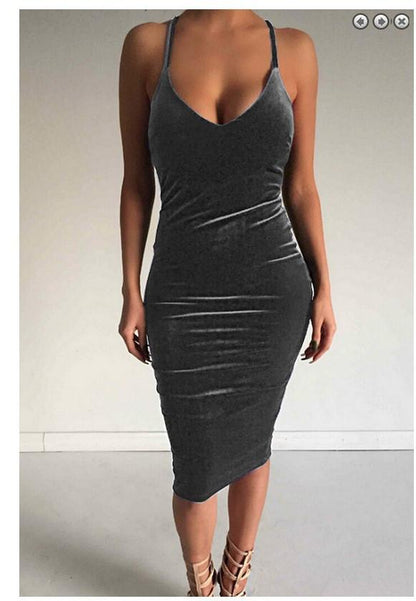 Deep V-neck Sleeveless Backless Sexy Club Bodycon Skinny Pleuche Dress