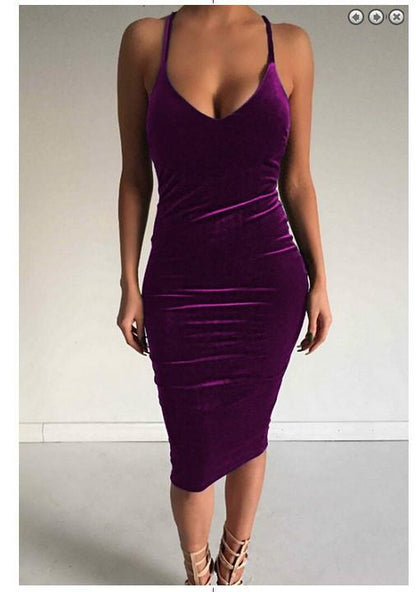 Deep V-neck Sleeveless Backless Sexy Club Bodycon Skinny Pleuche Dress
