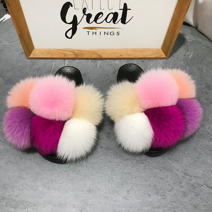 Color Matching Large Fur Real Natural Fox Fur Slides Colorful Fluffy Fur Slides Sandals Slippers Fashion Women Shoes