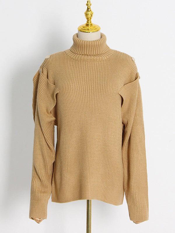 Casual Long Sleeves Loose Hollow Solid Color High-Neck Sweater Tops