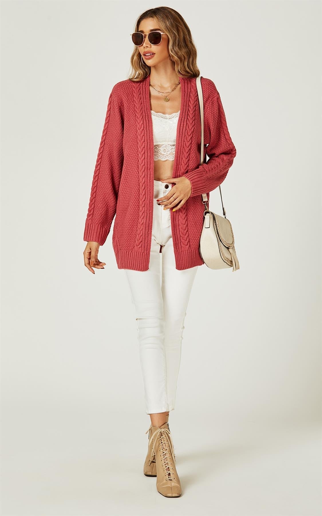 Midi Cable Knit Cardigan in Rusty Red