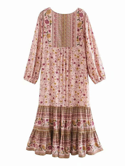 Boho Long Sleeve Tiered Smock Dress In Pink Floral Print