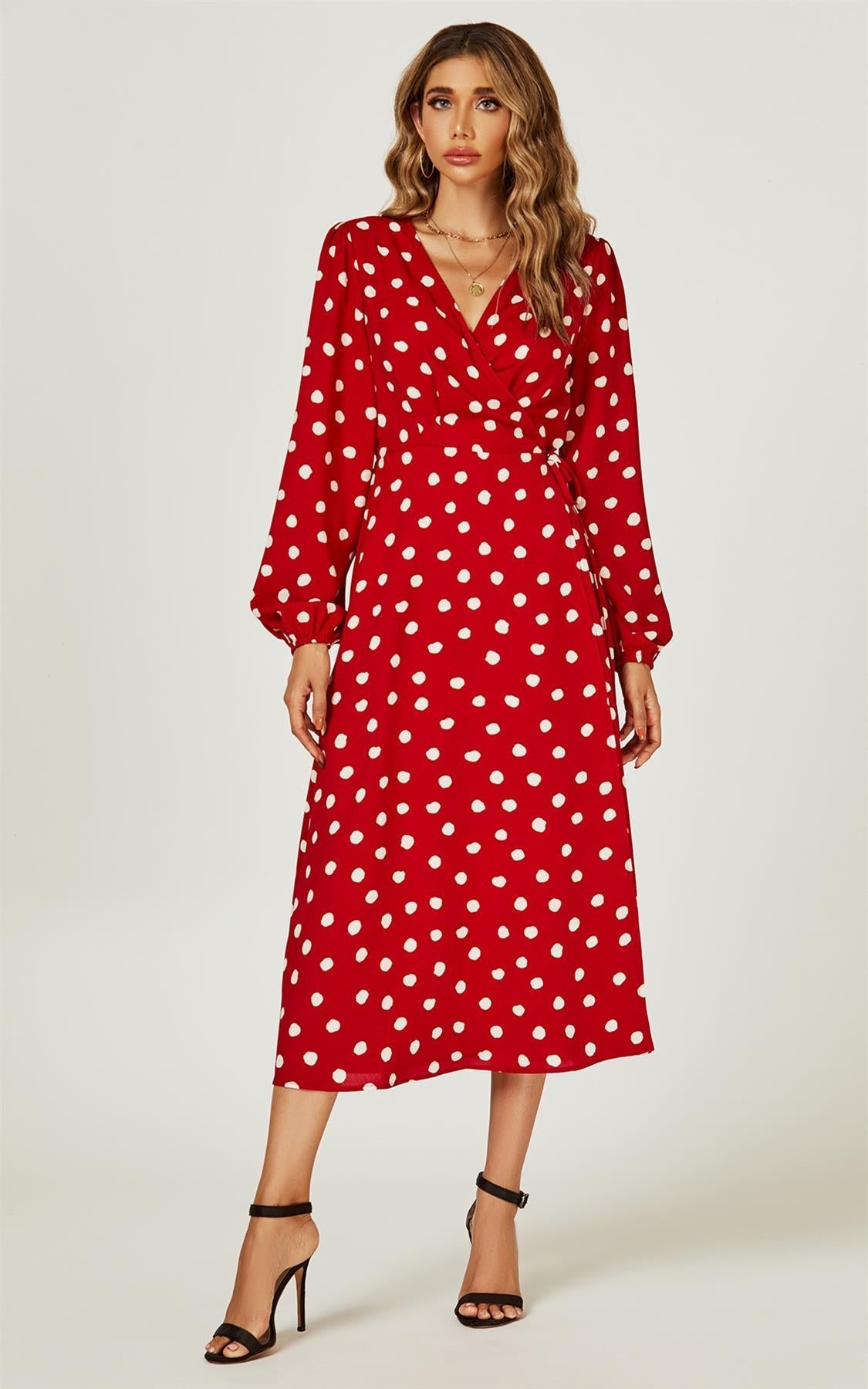 Polka Dot Wrap Midi Dress In Red