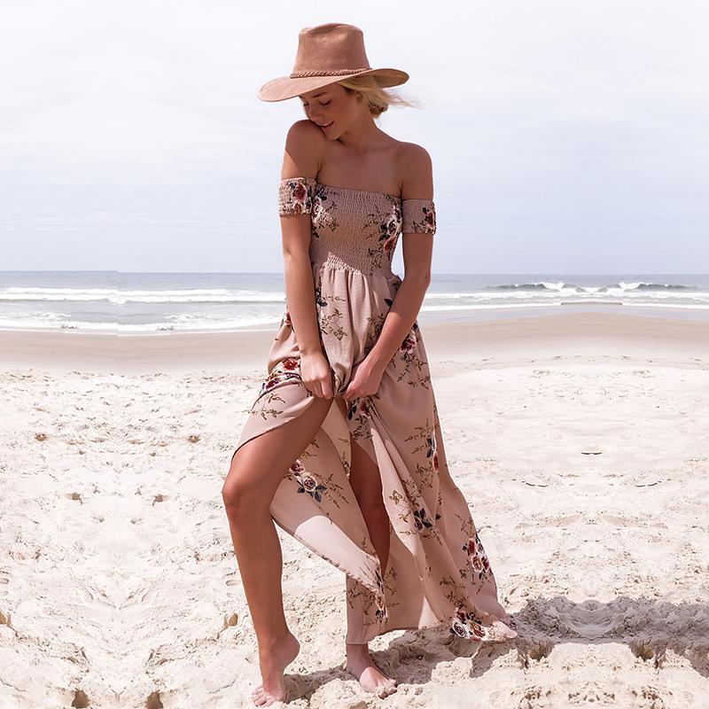 Clearance Off Shoulder Short Sleeves Low High Split Flower Print Long Beach Dress