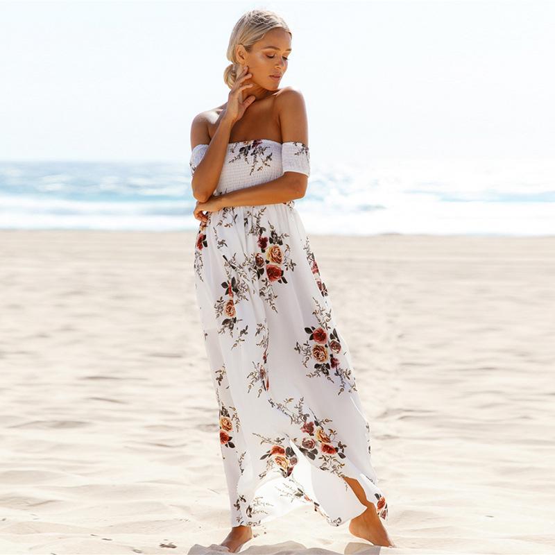 Clearance Off Shoulder Short Sleeves Low High Split Flower Print Long Beach Dress