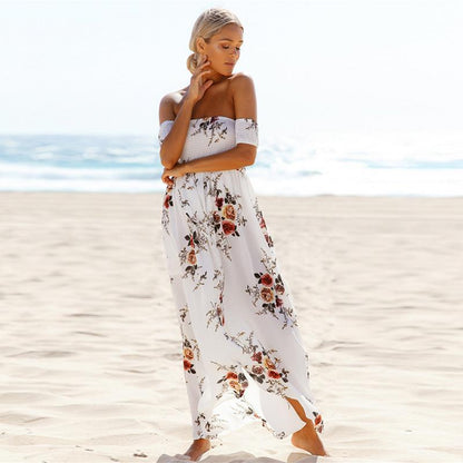 Clearance Off Shoulder Short Sleeves Low High Split Flower Print Long Beach Dress