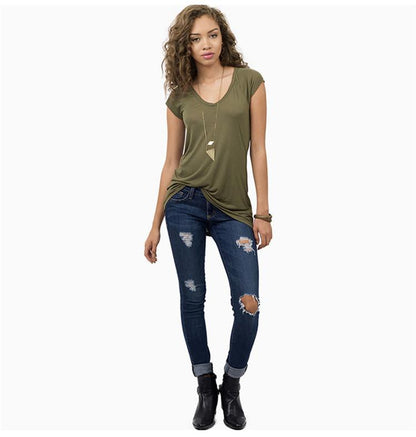 Clearance Pure Color Show Thin V-neck Short Sleeves T-shirt