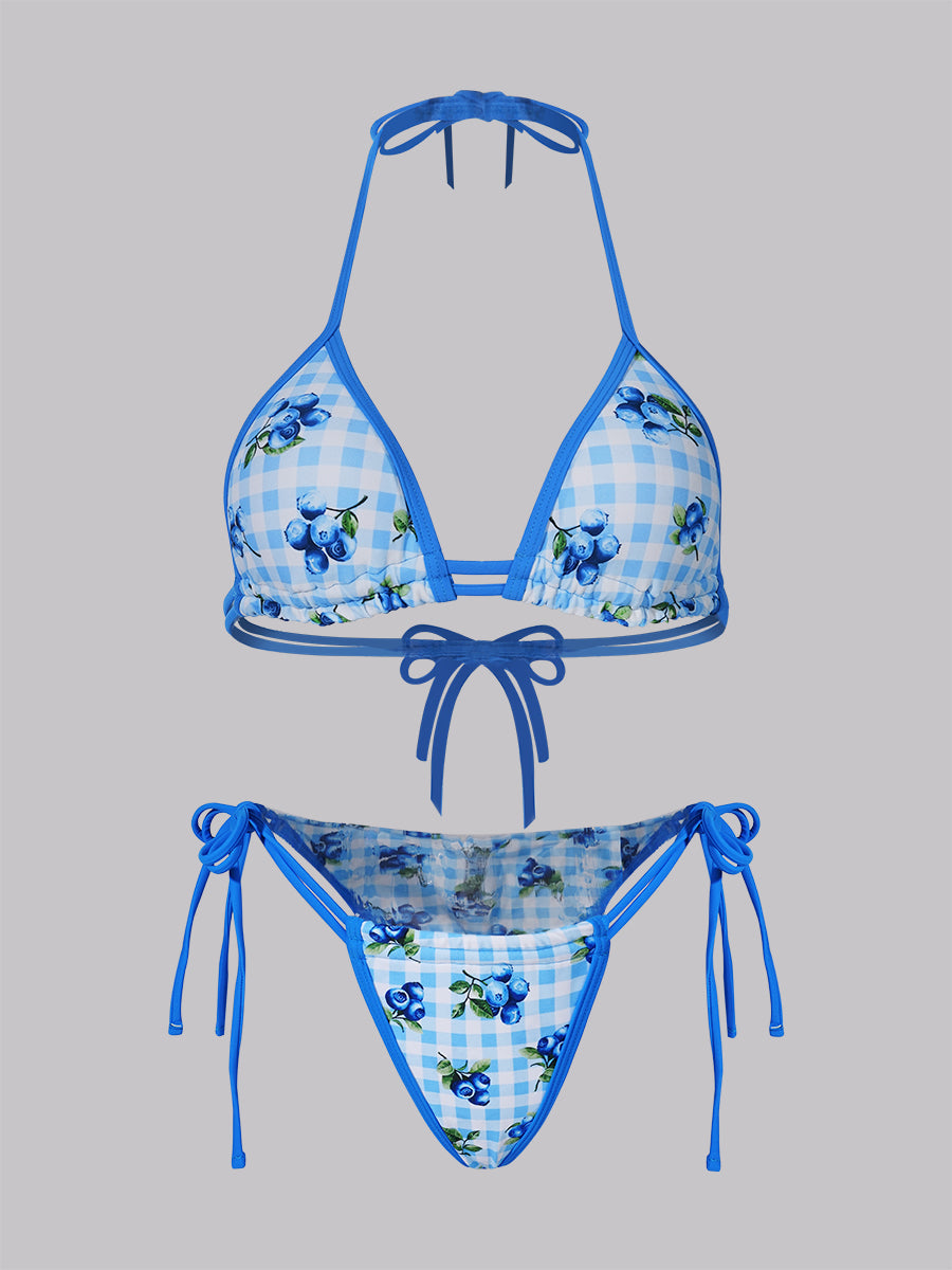 Free Shipping For Blue Blueberry Print Double Fabric Bikini Set