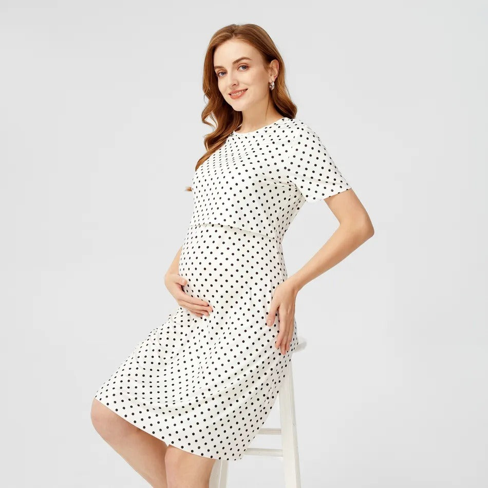 Free Shipping ForPregnant women's polka dot round neck short sleeved nursing dress