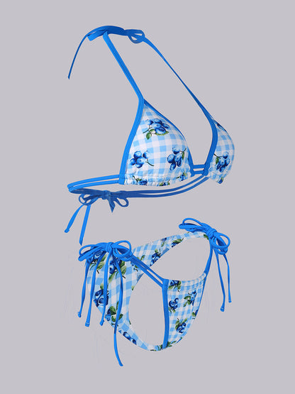 Free Shipping For Blue Blueberry Print Double Fabric Bikini Set