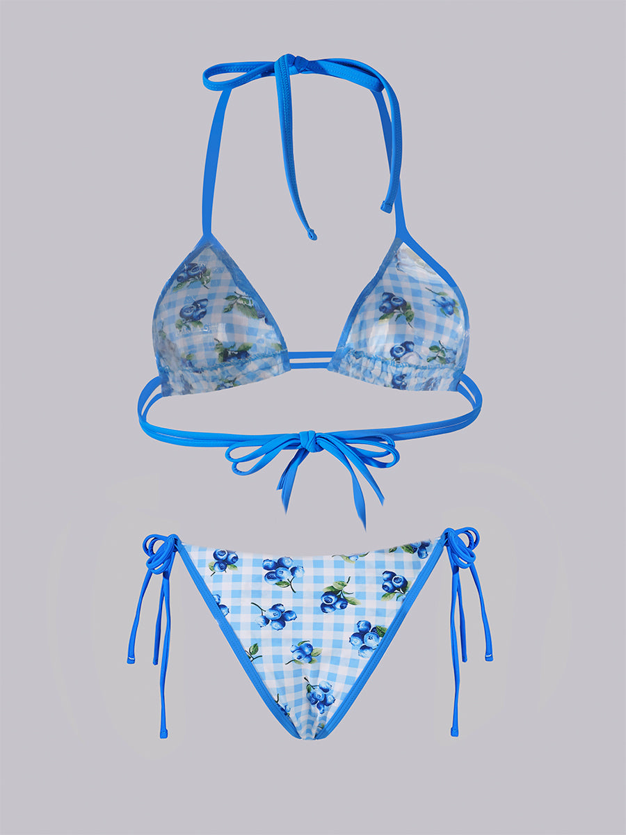 Free Shipping For Blue Blueberry Print Double Fabric Bikini Set