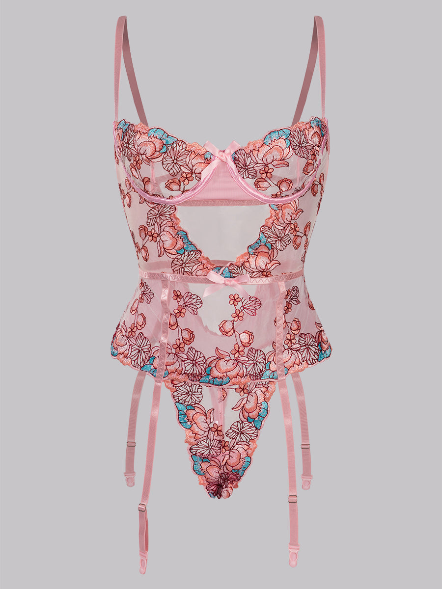 Free Shipping For Pink Floral Embroidered Cut Out Bodysuit