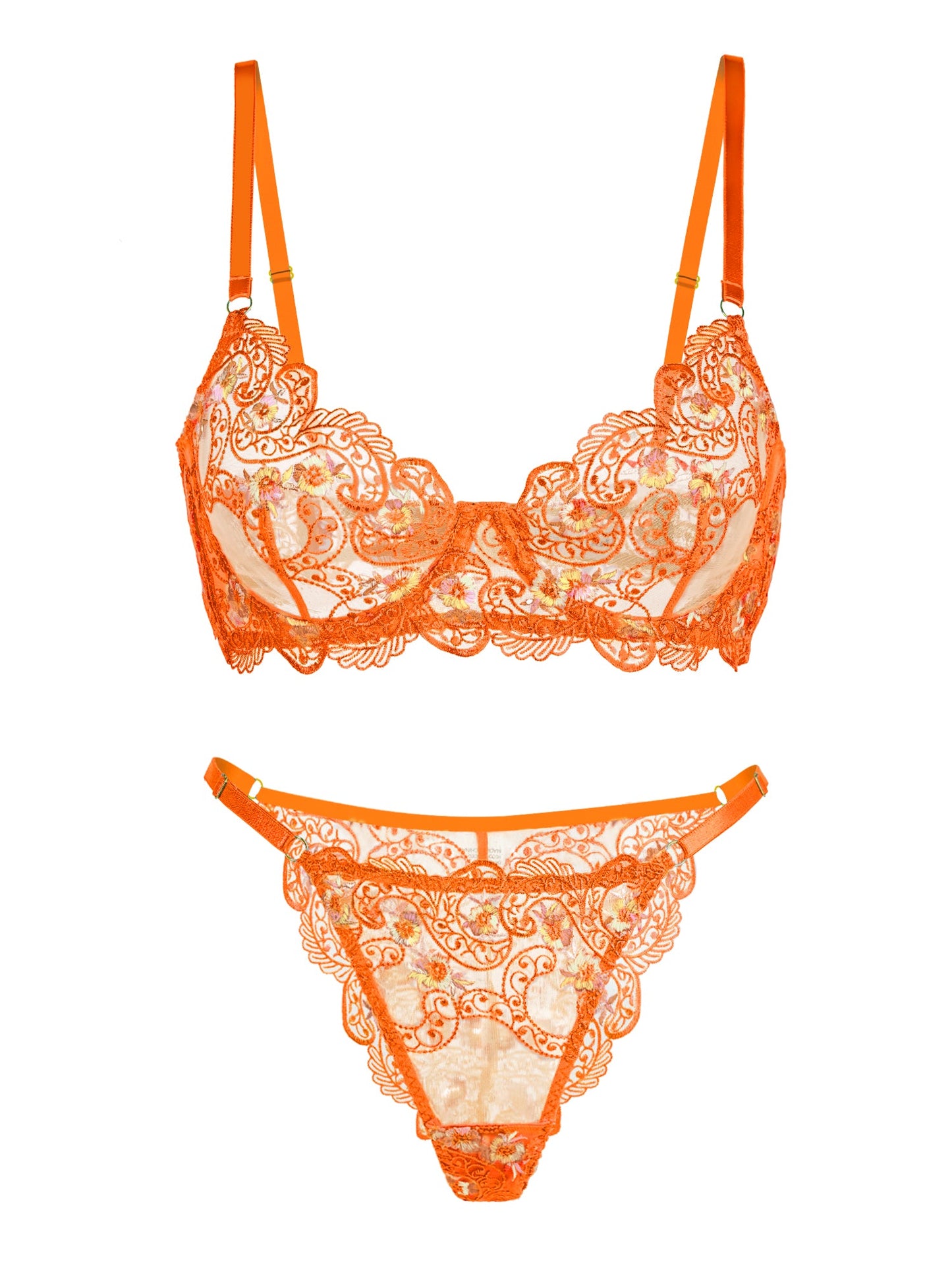 Free Shipping For Orange Floral Embroidery Lingerie Set