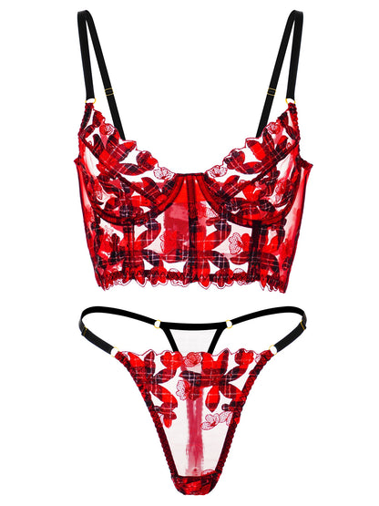 Free Shipping For Red Tartan Flower Lace Lingerie Set